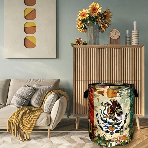 Image of Retro Mexican Flag Laundry Basket Oxford Cloth Hamper 18.9x16.5 Inch | Foldable With Handle Tote Bag Mexican Cactus Laundry Hamper Clothes Storage Bucket Toy Organizer For Bathroom /Laundry /Bedroom