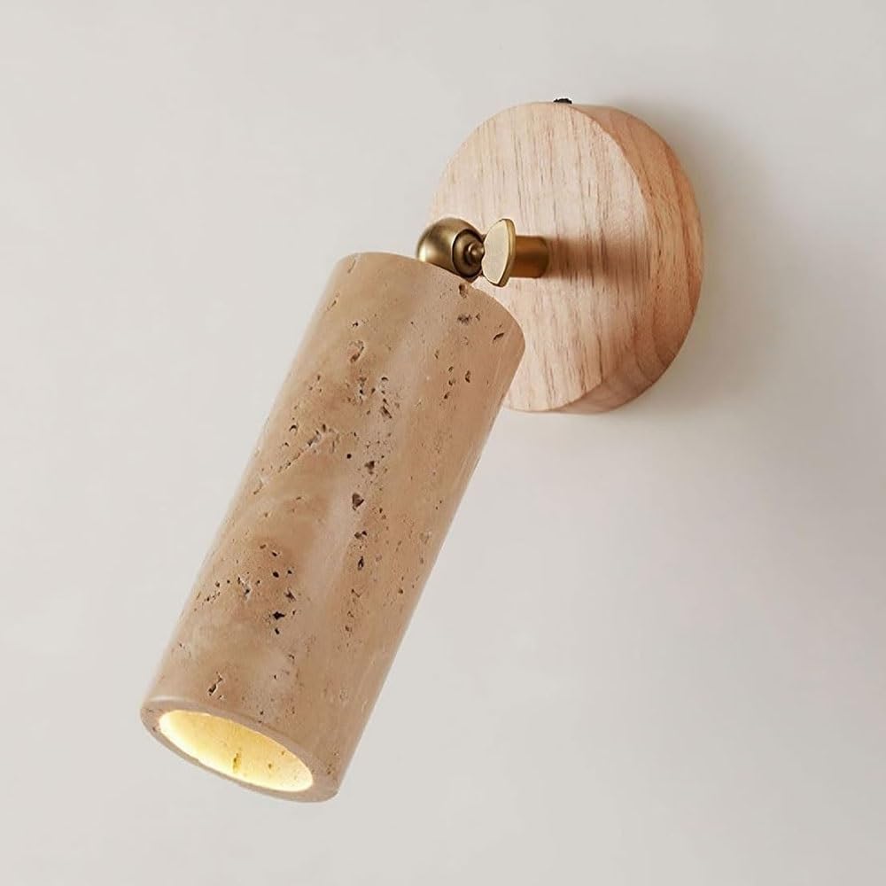 FEITENGDA Japanese Cylindrical Travertine Wall Sconce Modern Adjustable Angle Wall Mount Lamp Minimalist Bedside Reading Wall Light Fixture for Bedroom Living Room Hallway Stair(Wood)