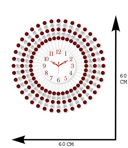 Image of CHRONIKLE Crystal Decorative Floral Design Round Diamond Studded Analog Metal Wall Clock for Living Room Home Decor Office Gifts (Size: 60 x 5 x 60 CM | Color: Red | Weight: 2005 Gram)