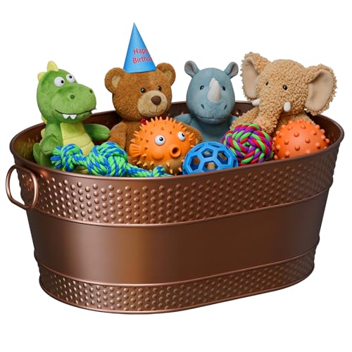 BluPup Indestructible Metal Dog Toy Bin: Copper Pet Toy Storage Basket for Living Room Area Sturdy Chew Proof Puppy Toy Box with Handle Large Capacity 25-Quart (1 Pack Copper Oval)