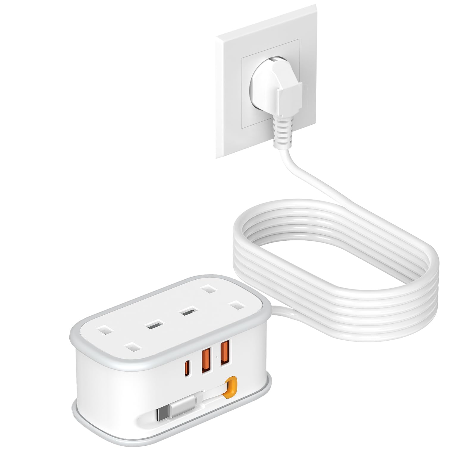 UK to European Plug Adapter with 1.5M Extension Cable, BEVA 2 Way 3 USB (2A+1C) Travel Adapter with Retractable USB C Cable for Germany France Spain Turkey Greece Iceland etc (Type E/F)