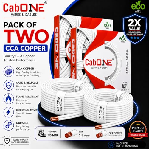 Image of CabONE 2.5 SQ.MM FR PVC Insulated Copper Electrical Wire, 90 Meter (White, Pack of 2) | ISI Marked Fire Retardant Single Core Cable for Home Wiring