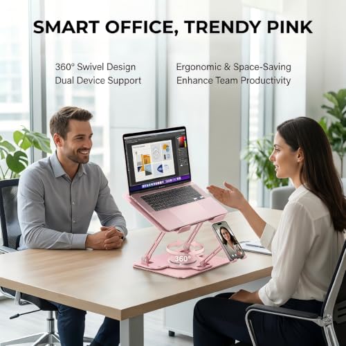 Image of Laptop Stand for Desk,Adjustable Computer Stand with 360 Rotating Base,2-in-1 Laptop Stands with Phone Holder,Ergonomic Laptop Riser for Collaborative Work,fits for All 10-16 inch Laptops (Pink)
