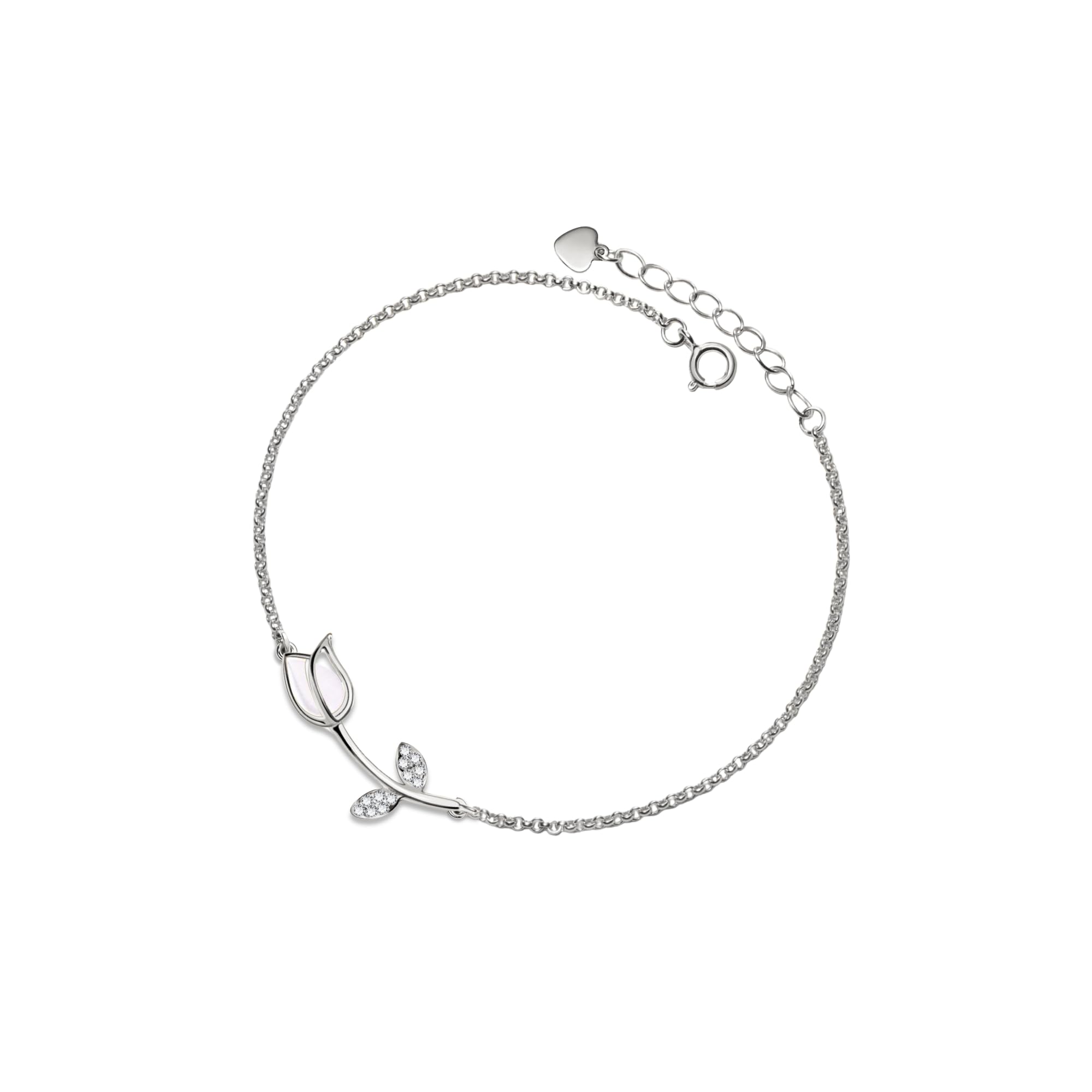 Opal Tulip Charm Bracelet 925 Sterling Silver Cubic Zirconia Flower Bracelet Gift for Women Girls Birthday Anniversary, Silver
