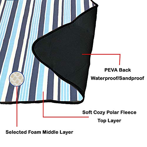 Anj Outdoors Xxl 3-Layer Waterproof Outdoor Blanket For Picnic, Beach And Camping | Soft Fleece 79" X 71" (Blue Stripe) #TOP3