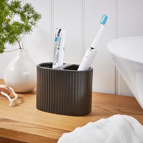 Image of New Black Stylish And Durable Ceramic Ribbed Electric Toothbrush Toothpaste Holder Bathroom Sink 2 Slot Organizer For Electric Brushes Any Modern Bathroom Decor -M11