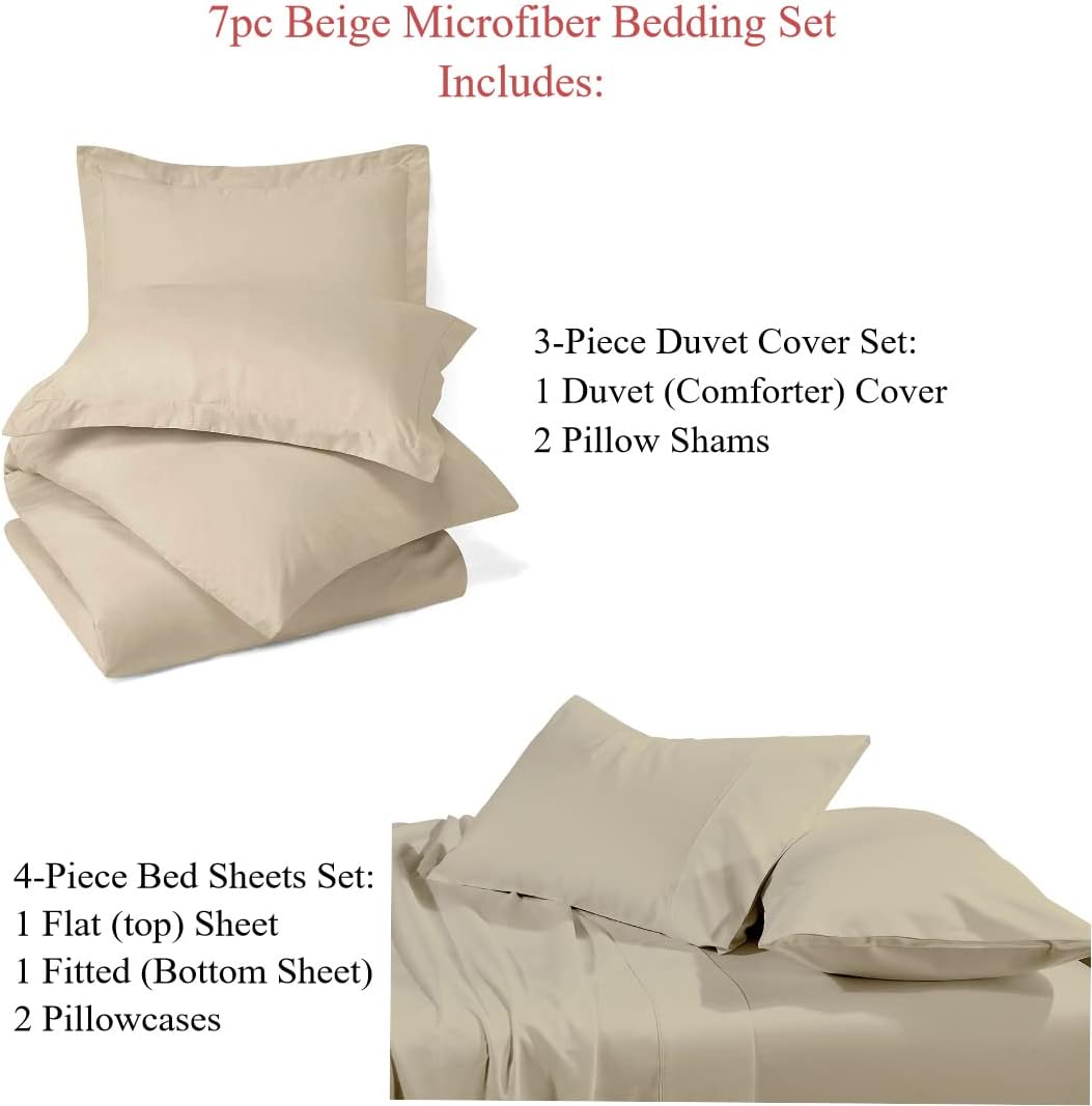 Royal Tradition 7PC Brushed Microfiber Bedding Set -Full Size- Solid Beige (Duvet Cover Set with Matching Bed Sheets)