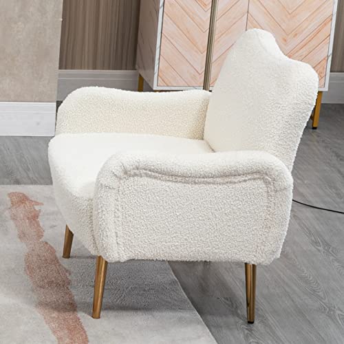 Homtique Teddy Fabric Accent Chair, Modern Living Room Chair Armchair With Gold Legs, Comfy Upholstered Single Sofa Reading Chair Tufted Back Side Chair For Bedroom, Office, White #TOP6