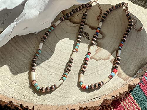 Western Style Faux Navajo Pearl Bead Turquoise Wooden Bead Necklace 16 Inch (Copper Tone/Multicolor) #TOP4