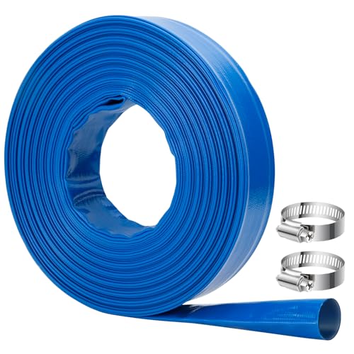 OCGIG 1-1/2"*100ft Pool Backwash Hose, Heavy-Duty Lay Flat Discharge PVC Hose, Weatherproof Burst Resistant for Water Drain Pools, Swimming Pool Clean Filters, Water Transfer, with 2 Clamps