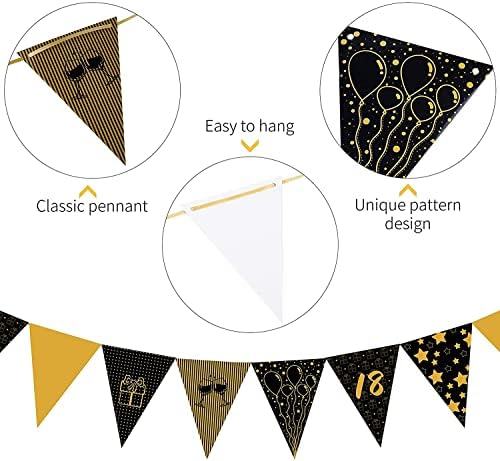12 Pieces 18th Birthday Decorations Kit, Include Black Gold Happy 18th Birthday Banner, Triangle Flag Banner and Confetti Latex Balloons Decorations for Women Girls Birthday Party Supplies