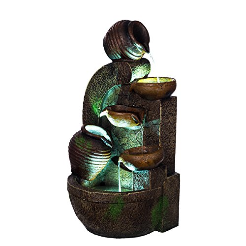 XL fontän vattenkannor stenmur, med 3 LED-lampor, G53-17088, (fontän 5), LED-lampor, dekorativa fontäner, fontäner, vattenspel, fågelbad, elektrisk pump, 61 cm, dekoration,