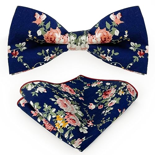 Sunovelties Bow Ties For Men Floral Pre-Tied Bowtie And Pocket Square Set Hanky Formal Classic Men's Bowties For Wedding Party, Navy #TOP10