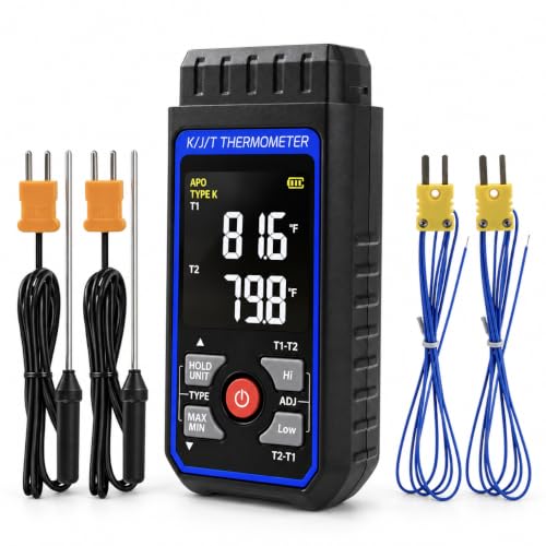 Image of Digital K J Type Thermocouple Thermometer Dual-Channel with 4 K-Type Thermocouple Probes, Industrial High Low Temperature Meter HVAC Gauge -328~2501℉ Range with Backlit LCD, Alarm & ADJ Compensation