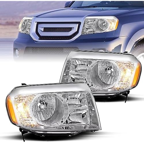 Headlight Assembly Compatible with 2009 2010 2011 Honda Pilot Halogen Headlamp Right and Left Side (Chrome Housing with Amber Reflector)