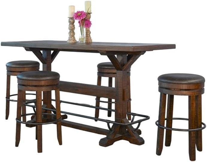 Pemberly Row Rectangular Pub Table Set, Mahogany and Mindi Solids, Veneer Finish, 78 in x 32 in x 42 in, Counter Height with 4 Stools, Powder-Coated Metal Footrest, Industrial Dining Furniture for