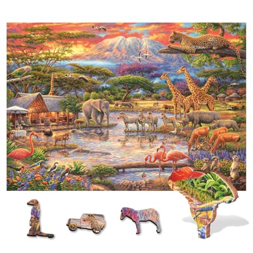 Wentworth Wooden Puzzles Wild Africa - 250 Pcs Adult Jigsaw Puzzle Themed Irregular Pieces Chuck Pinson Wildlife Design for Animal Lovers - Sustainable Sourced Wood and British Made