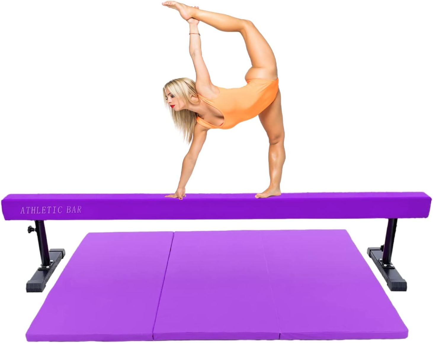 8FT Adjustable Acrobatic Tube Beam with 6FT x 4FT Gymnastics Tumble Mat for Kids/Adults, High and Low Level Suede Balance Beam Gymnastics Competition Training Beam Expandable Legs, Purple