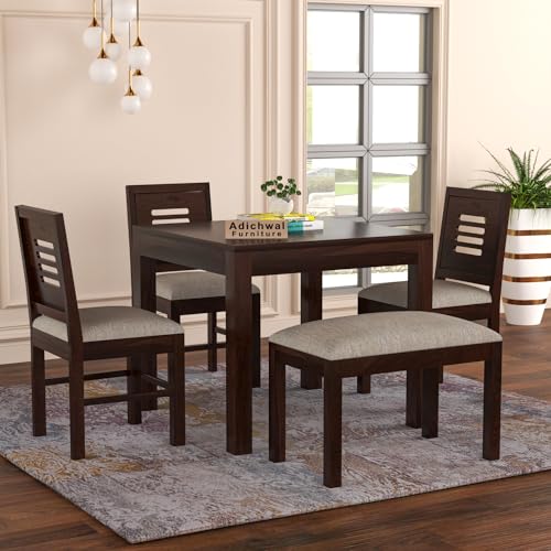 Image of Solid Sheesham Wood 3 Chair with1 Bench Dining Set with Cushioned Chairs for Dining Room | Living Room | Home & Office | Hotels Restaurant (4 Seater with Bench, Walnut)