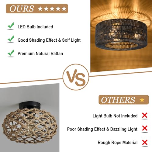 SineRise Rattan Ceiling Light Fixtures, Hand-Woven Boho Flush Mount Ceiling Light, Rattan Chandelier for Hallway Kitchen Farmhouse Foyer Entryway Living Room(Black, 18-Inch, Bulb Included) by SineRise - Image 6