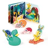 LUDI – Lucky Duck & Friends – Coffret de Bain 3-en-1 – Canard aspergeur, 6 Animaux en Mousse et Livre de Bain – Développe motricité et Imagination – Dès 10 Mois
