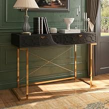 Clihome 42 Home Office Desks, Modern Writing Desk with Drawers, Modern Simple Desk with Golden Legs and X-Shaped Bracket