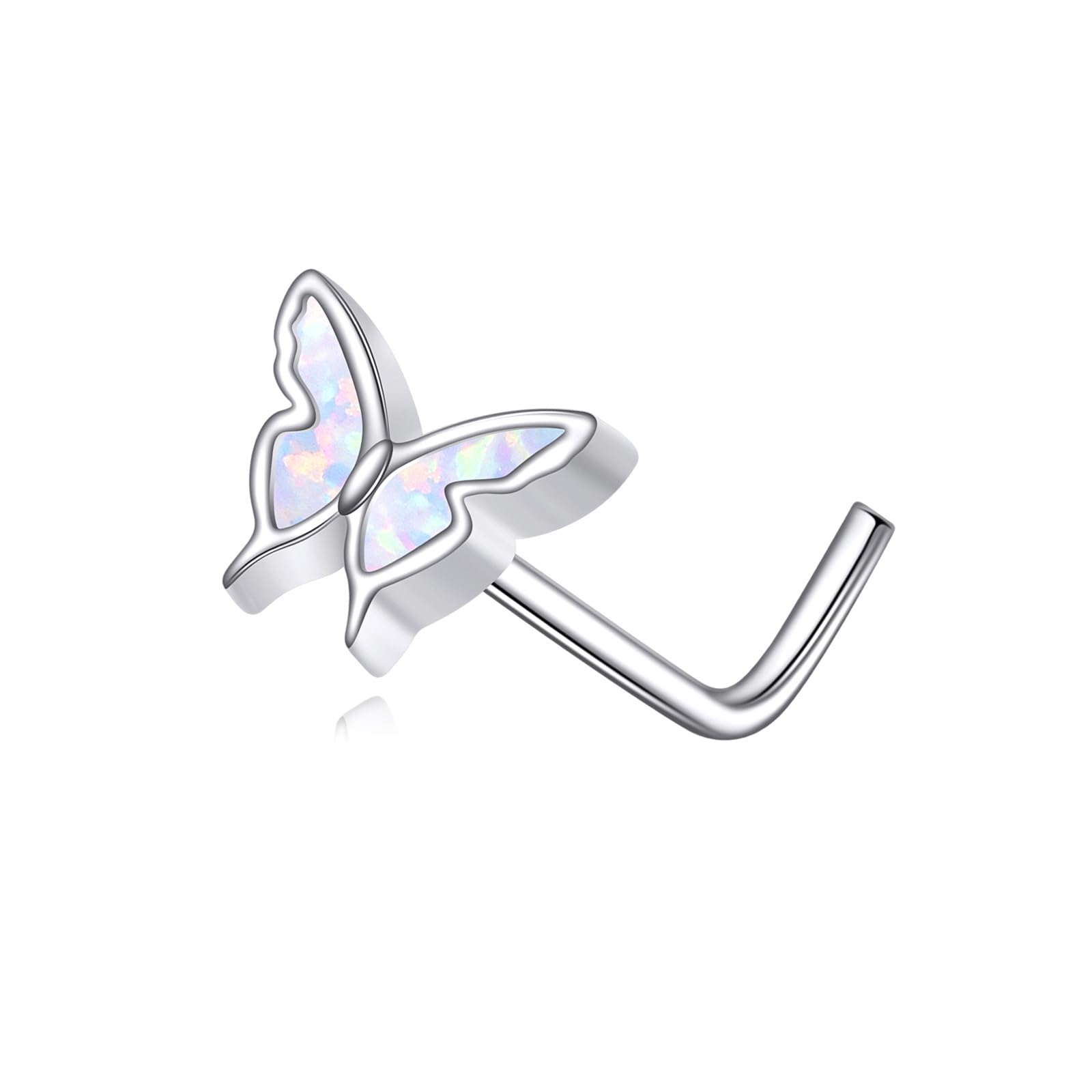 YAFEINI Piercing para la nariz de mariposa de ópalo, plata de ley 925, en forma de L, 20 g, mariposa, piercing para nariz, regalo para mujeres