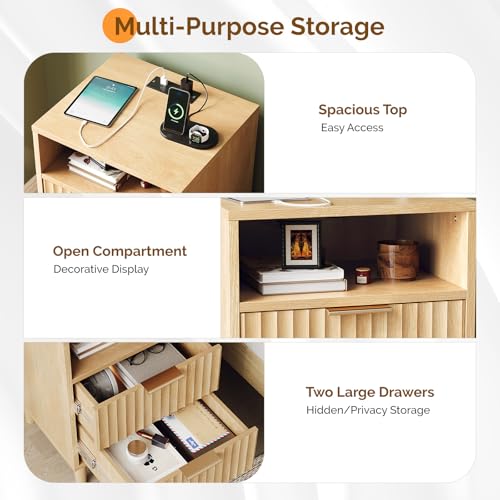 Image of VINGLI Fluted Nightstand with Charging Station, Wood Nightstand with 2 Drawers Night Stand for Bedroom, Fluted Bedside Table /End Table /Side Table with Pine Wood Legs, Oak, 15.75 inch W*15.55 inch D*23.62 inch H