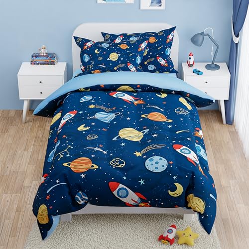 Image of SANDJEST Outer Space Comforter Set Full Size 98x86in for Kids Boys, Microfiber 4 Pcs Bedding Set Includes 1 Comforter, 2 Pillowcases, 1 Fitted Sheet, Nursery Room Decor