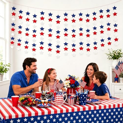 Image of 6 Pack Total 60 ft Patriotic Red White Blue Star Garland, Hanging Paper Stars Streamer Banner, USA American Flag Decoration for 4th of July, Memorial Day, Veterans Day, Independence Day Party Supplies