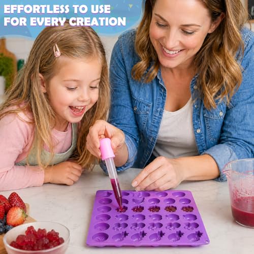 Image of LUSHYUM Gummy Fruit Molds 5ML, BPA Free Food Grade Silicone Molds, 4PCS Chocolate Candy Mold with 2 Droppers & Brush Include Strawberry Cherries Grape Banana Apple Pineapple Orange Shape 140 Cavities
