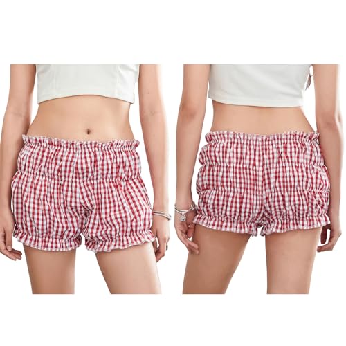Image of Women Y2k Gingham Boxer Shorts Plaid Striped Cute Mini Bloomers Elastic Waist Loose Fit Summer Shorts