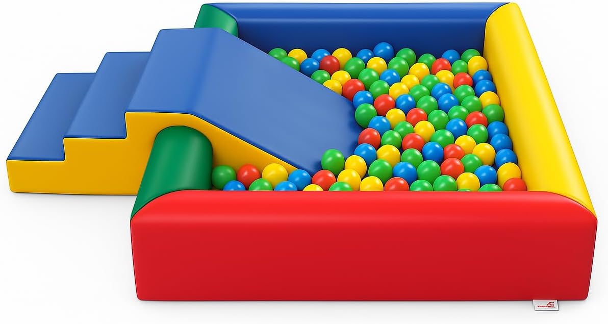 Implay® Soft Play Children's Multi-Coloured Square Ball Pool Activity Toy With Step & Slide - 610gsm PVC/High Density Foam - 120cm x 120cm x 30cm, Kids Play Area