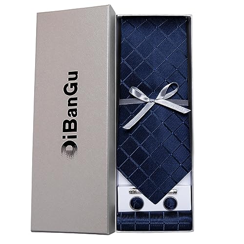 Image of DiBanGu Plaid Ties for Men Silk Checkered Necktie and Pocket Square Cufflinks Tie Clip Set with Gift Box for Wedding Business