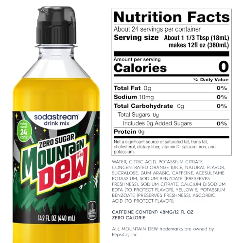 Image of SodaStream Mountain Dew Zero Sugar Drink Mix, 4 Pack Soda Syrup for Sparkling Water Makers, Zero Calorie Soda Stream Flavors, Makes About 96 Drinks, 4 x 14.9 Fl Oz (440ml)