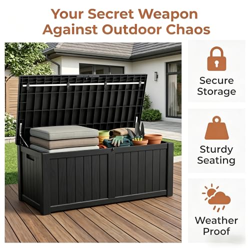 Image of 148 Gallon Resin Deck Box - Outdoor Storage Chest for Patio Furniture Cushions, Garden Tools, Pool Accessories & Backyard Organization Lockable Waterproof All-Weather Wood Grain Design, Easy Assembly
