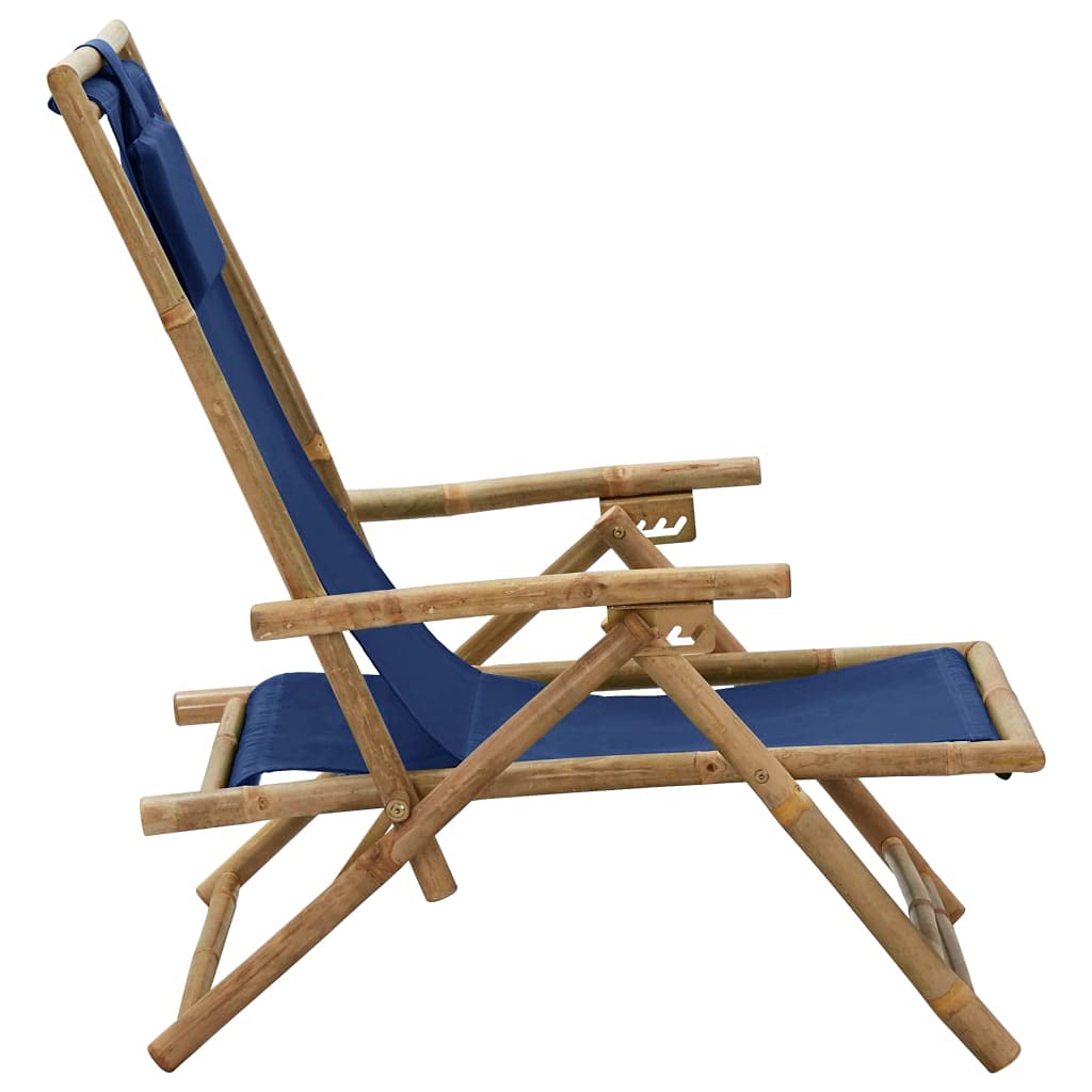 Makastle Fauteuil de Jardin Pliable avec Accoudoirs et Dossier inclinable, Chaise Longue de Jardin Pliante, Relaxation Chaise de Camping Chaise de Plage, 64 x 89 x 71 cm Bleu Marine Bambou et Tissu
