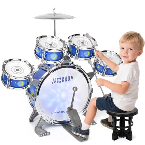 Batería Niños con Taburete - Infantil Musical Juguete Jazz Tambores Kit de 2 3 4 5 Niños Niñas, Cumpleaños Navidad Regalos, Azul