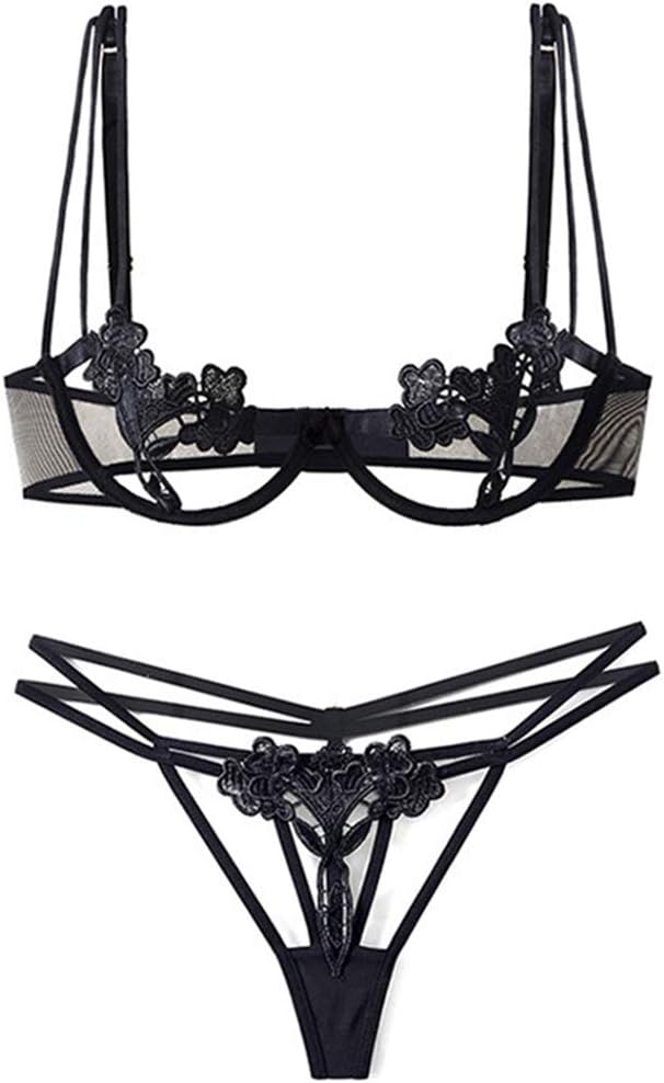 2 Piece Lingerie Set Women Lace Bra Set,Babydoll Bra 4/3 Full Thong (Black-5, Medium)