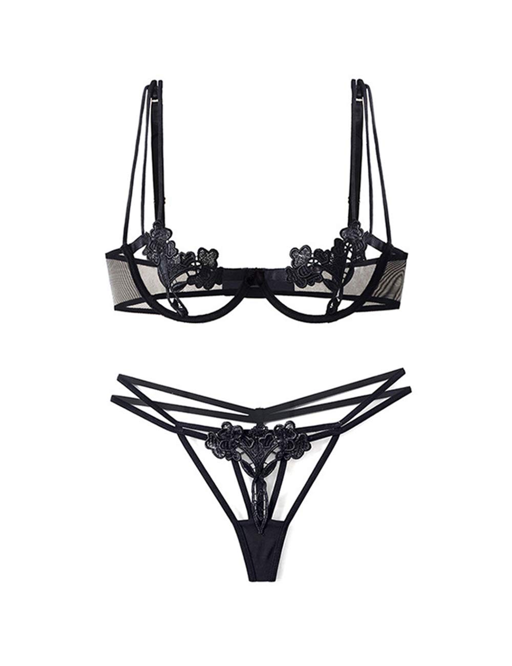 2 Piece Lingerie Set Women Lace Bra Set,Babydoll Bra 4/3 Full Thong (Black-5, Medium)