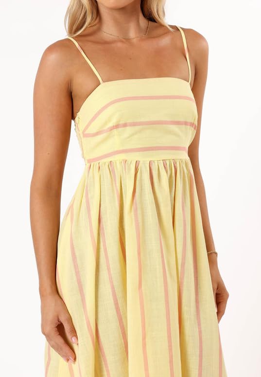 Image of NUFIWI Women Summer Striped Maxi Dress Spaghetti Strap Cutout Ruffle Long Dress Flowy Swing Beach Vocation Dress