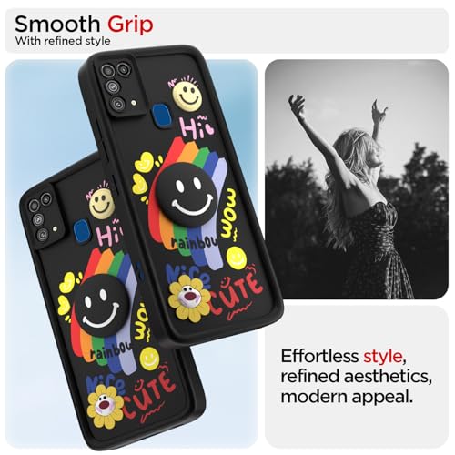 Image of Pikkme Back Cover for Samsung Galaxy M31 / M31 Prime / F41 | Soft Silicone| Cute Rainbow Smile & 3D Cartoon Flower Design | Shockproof Raised Camera Protection Bumper Case (Black)