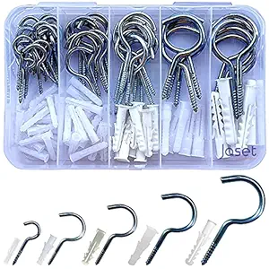 Jaset Innovations Screw in Hooks with Wall Rawl Plugs / Gitti Zinc Plated Assorted Kit for Indoor and Outdoor Use 5 Sizes (Set of 50 = 100 Pieces)