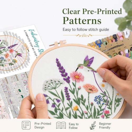 Image of Nuberlic Embroidery Kit for Beginners, 3 Pack Floral Stamped Embroidery Starter Kit with Hoop, Pre Printed Flower Patterns, Threads, Needles and Step by Step Instructions, DIY Needlework Gift