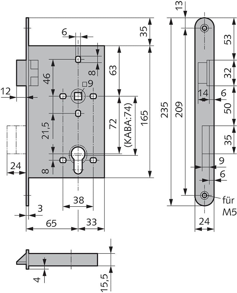 Cerradura empotrable para puertas FSS, completamente de acero inoxidable, dirección del producto: DIN izquierda, acabado: perforado.