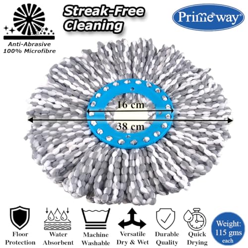 Image of Primeway Polyester Water Absorbent Microfibre Spin Mop Refills | Dense Replacement Mop Heads | Floor Pocha Mop Cloth | XL | 38cm | 115 Grams Each | 4 Pcs (Grey)