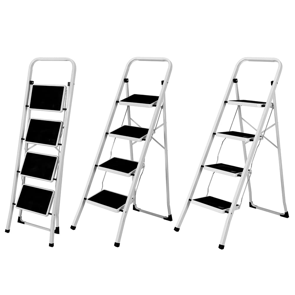 Bakaji Escalera Plegable Cuadrada para Ahorrar Espacio con peldaños Antideslizantes y asa de Seguridad, Taburete Escalera, Estructura Acero y Revestimiento de Goma, Capacidad máx 150 kg (4 peldaños)