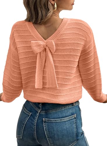 Image of EVALESS Sweaters for Women Long Sleeve Fall Outfits 2026 Back Bow Knot Sweaters Round Neck Solid Knit Pullover Tops
