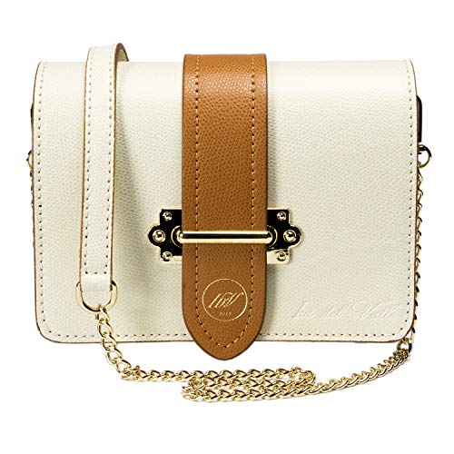 Ira del Valle, Elegante Bandolera y Bolso de Cintura Mujer y Niña, Pochette de Moda con Cadena, Pequeño Bolso de Mano, Clutch de Piel Auténtica, Modelo Roma, Made in Italy (Leche y Cuero)