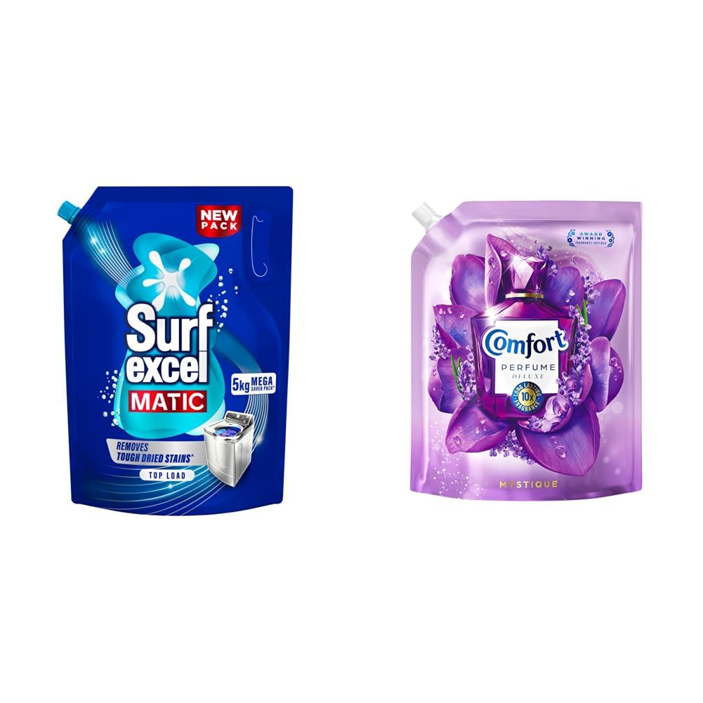 Surf Excel Matic Top Load Liquid Detergent 5Kg Refill Pouch, Specially designed to remove Tough Dried Stains, 1st time in Washing Machine & Comfort Perfume Deluxe Mystique 1.8L Pouch-image-42
